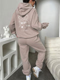 Bow Graphic Hoodie And Sweatpants Set - Khaki