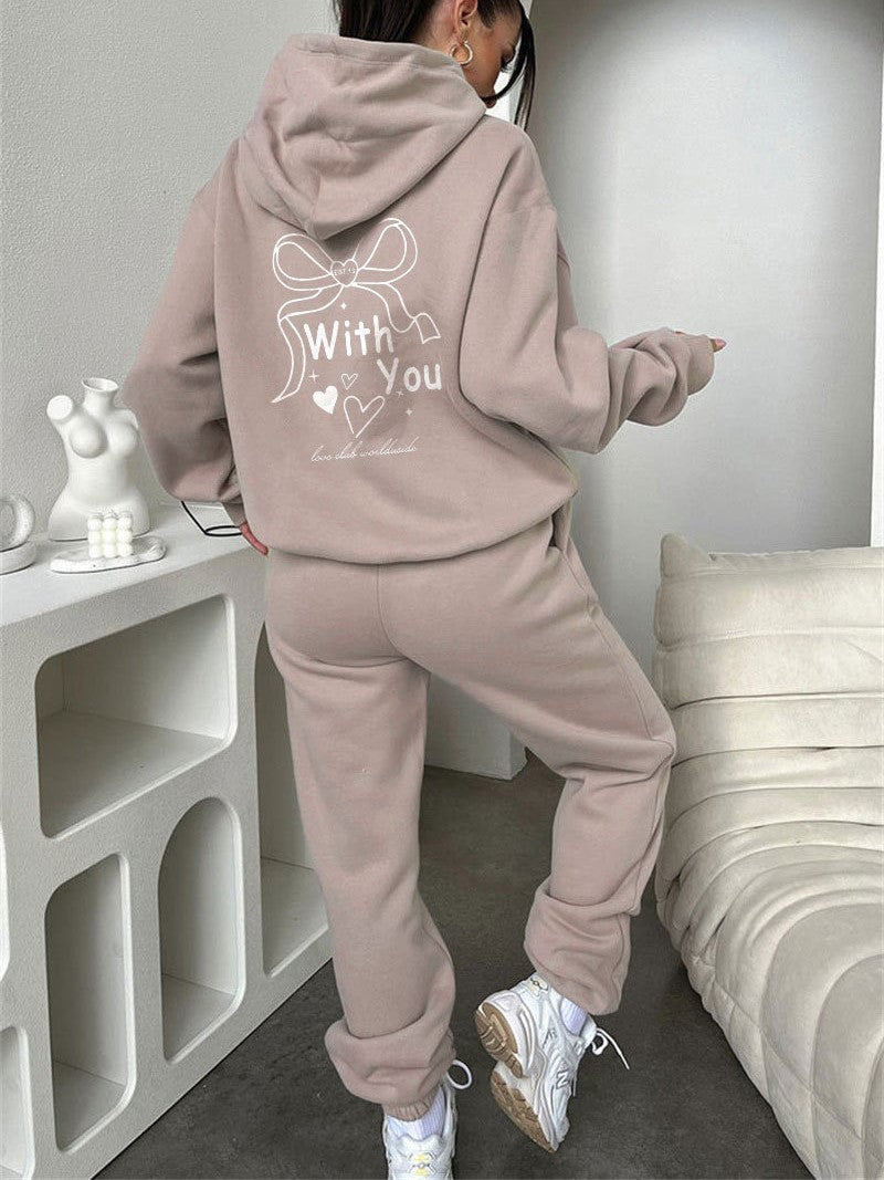 Bow Graphic Hoodie And Sweatpants Set - Khaki