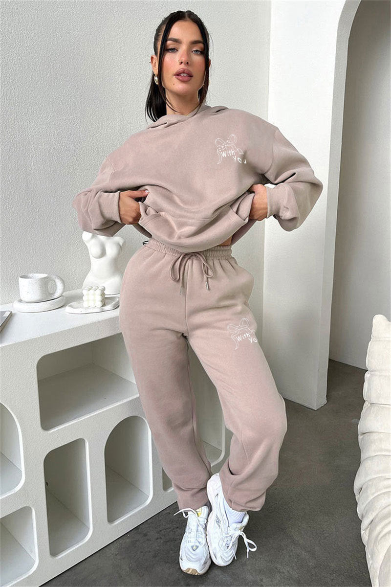 Bow Graphic Hoodie And Sweatpants Set - Khaki - 1