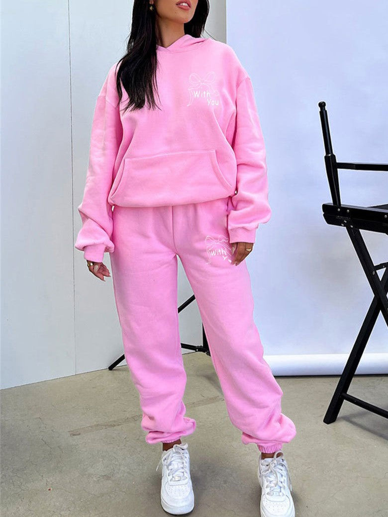 Bow Graphic Hoodie And Sweatpants Set - Pink
