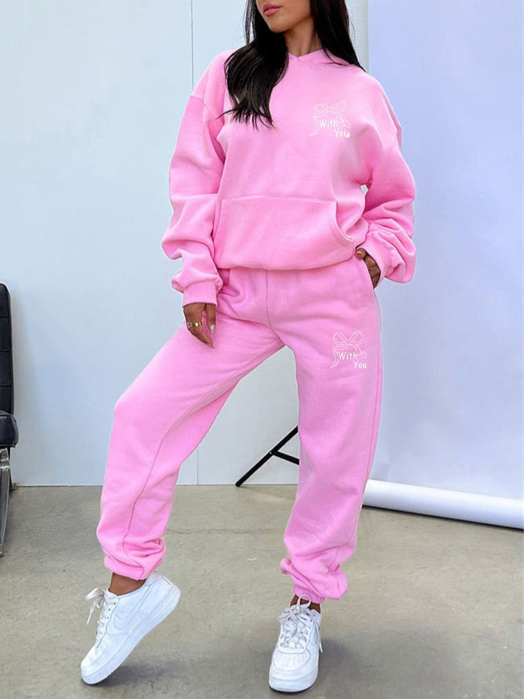 Bow Graphic Hoodie And Sweatpants Set - Pink - 2