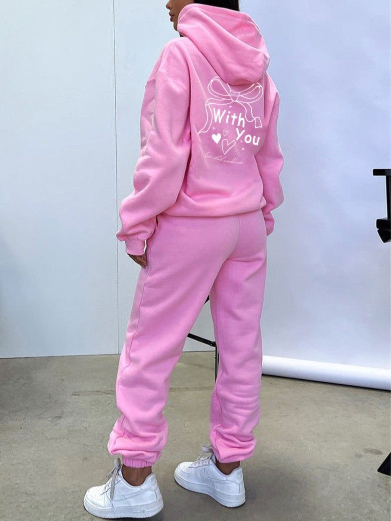 Bow Graphic Hoodie And Sweatpants Set - Pink - 3