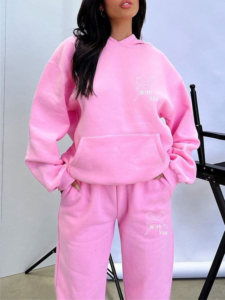 Bow Graphic Hoodie And Sweatpants Set - Pink - 4
