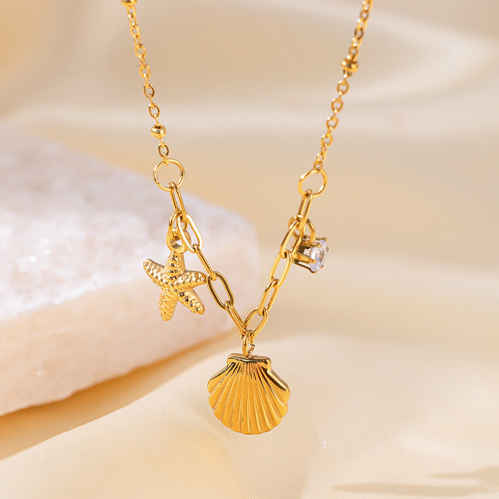 Dainty Shell Starfish Charm Necklace - Gold - 1