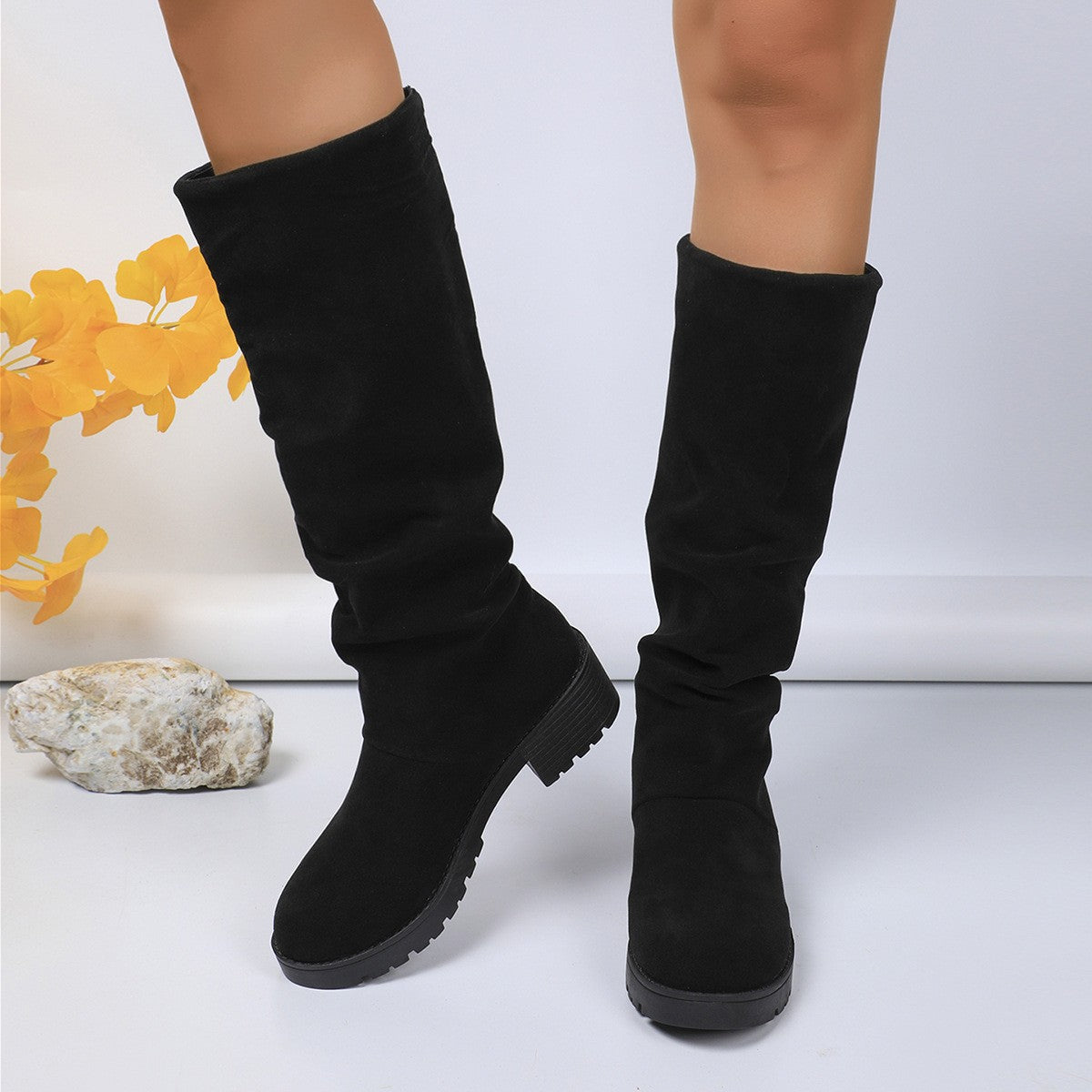 Scrunched Faux Suede Lug Sole Mid Calf Boots - Black