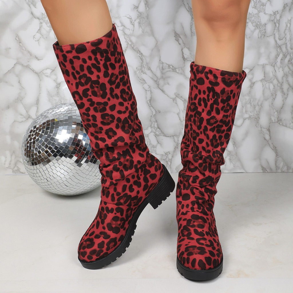 Scrunched Faux Suede Lug Sole Mid Calf Boots - Red Leopard