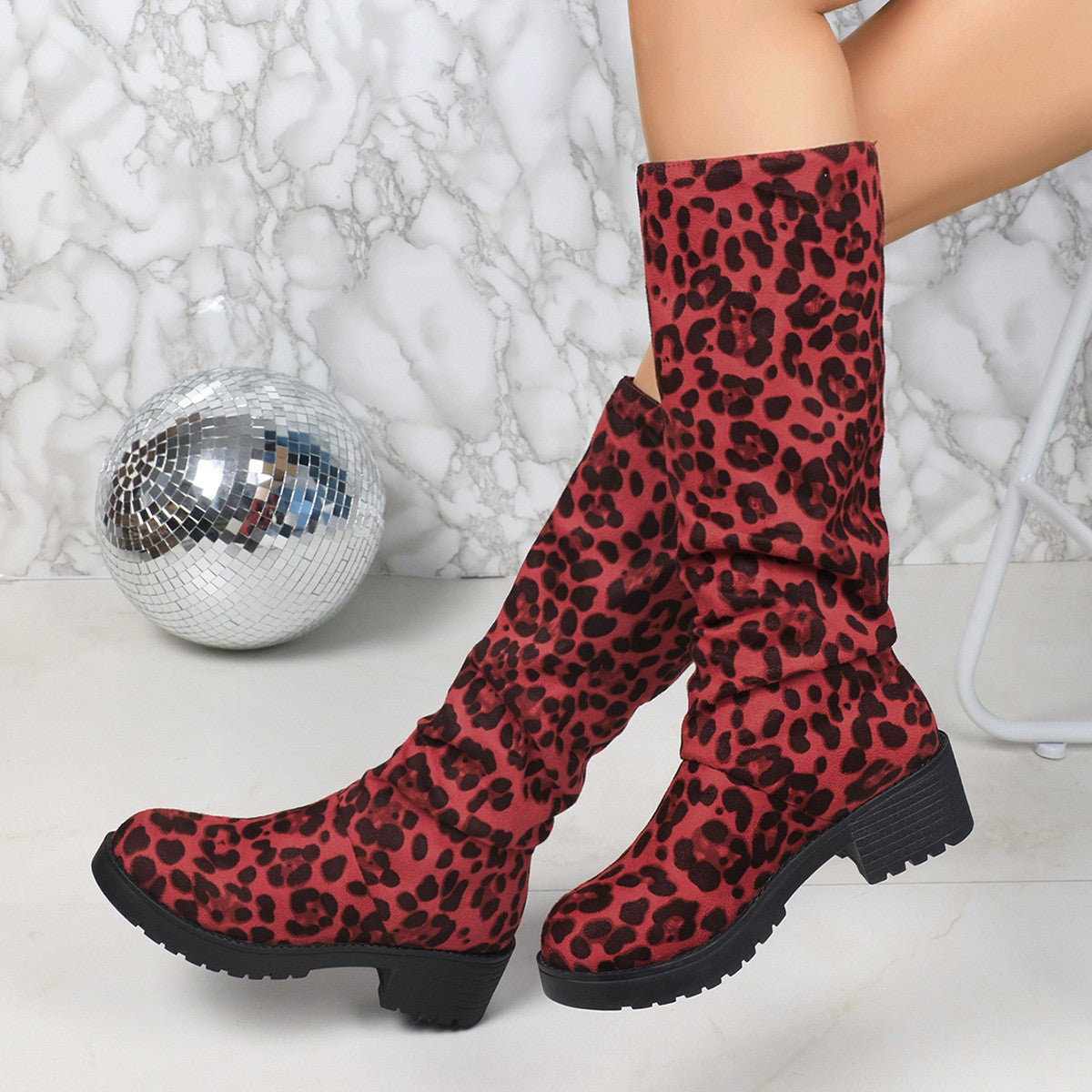 Scrunched Faux Suede Lug Sole Mid Calf Boots