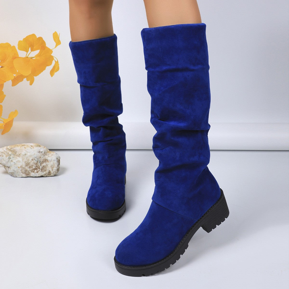Scrunched Faux Suede Lug Sole Mid Calf Boots