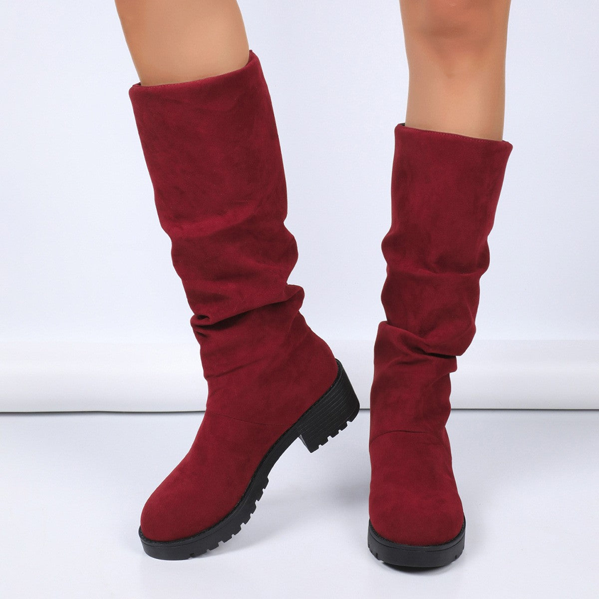 Scrunched Faux Suede Lug Sole Mid Calf Boots