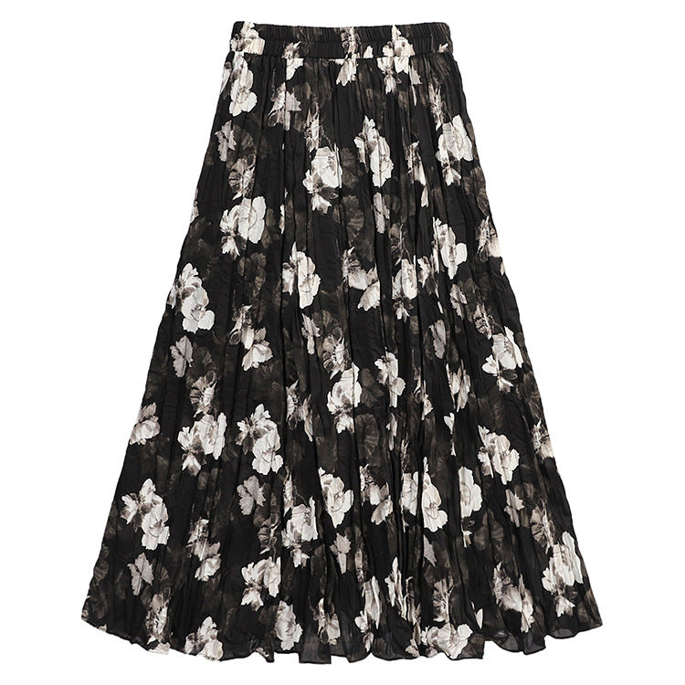 Retro Print Crinkle Pleated Maxi Skirt - Black