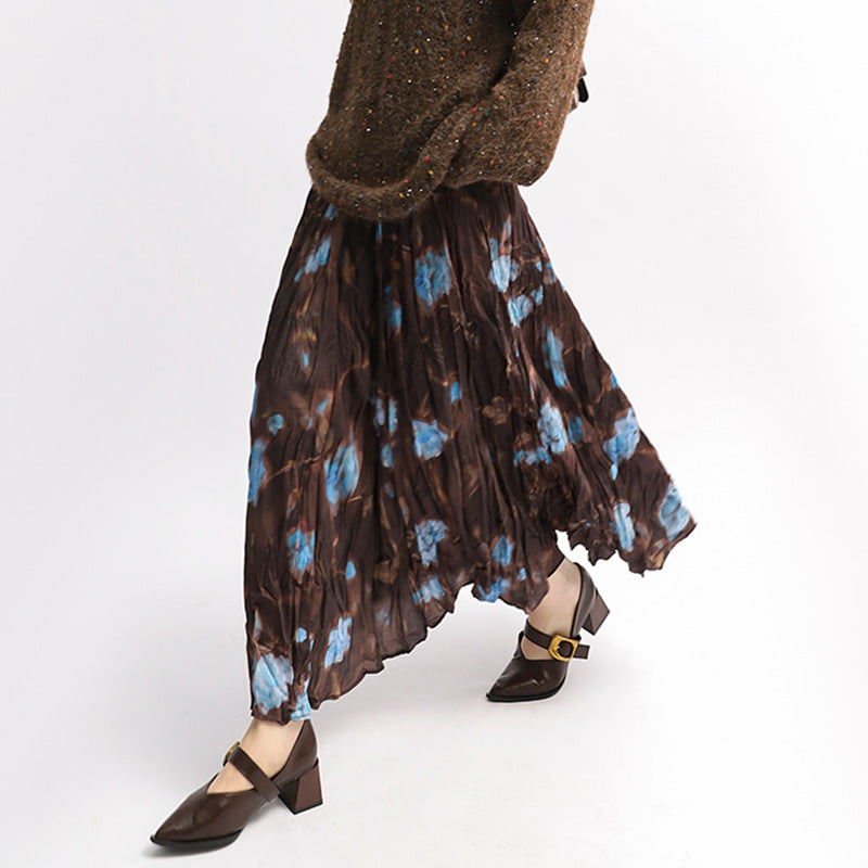 Retro Print Crinkle Pleated Maxi Skirt - Blue