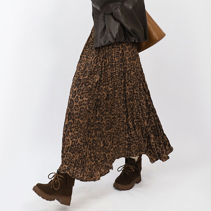 Retro Print Crinkle Pleated Maxi Skirt - Leopard