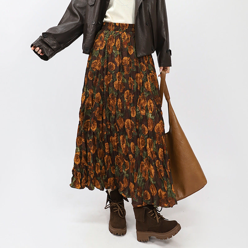 Retro Print Crinkle Pleated Maxi Skirt - Orange