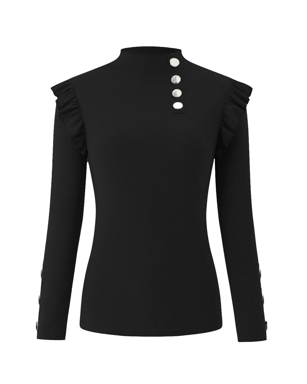 Ruffle Shoulder Mock Neck Ribbed Top Long Sleeve - Black