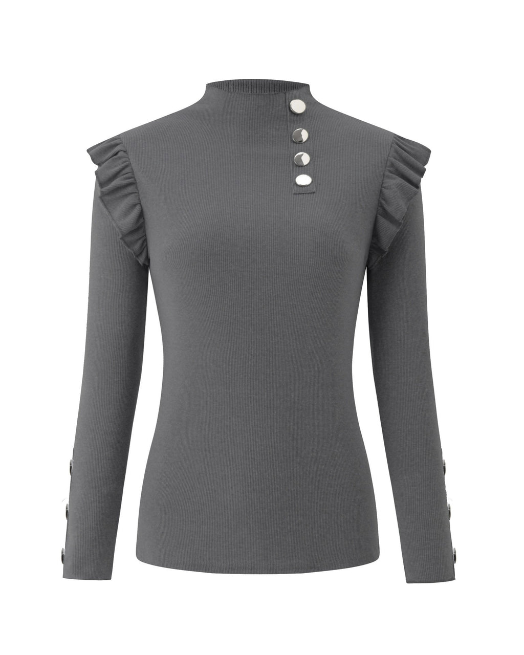 Ruffle Shoulder Mock Neck Ribbed Top Long Sleeve - Grey