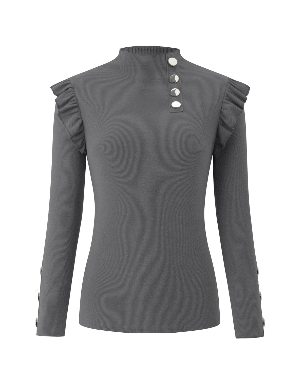 Ruffle Shoulder Mock Neck Ribbed Top Long Sleeve - Grey