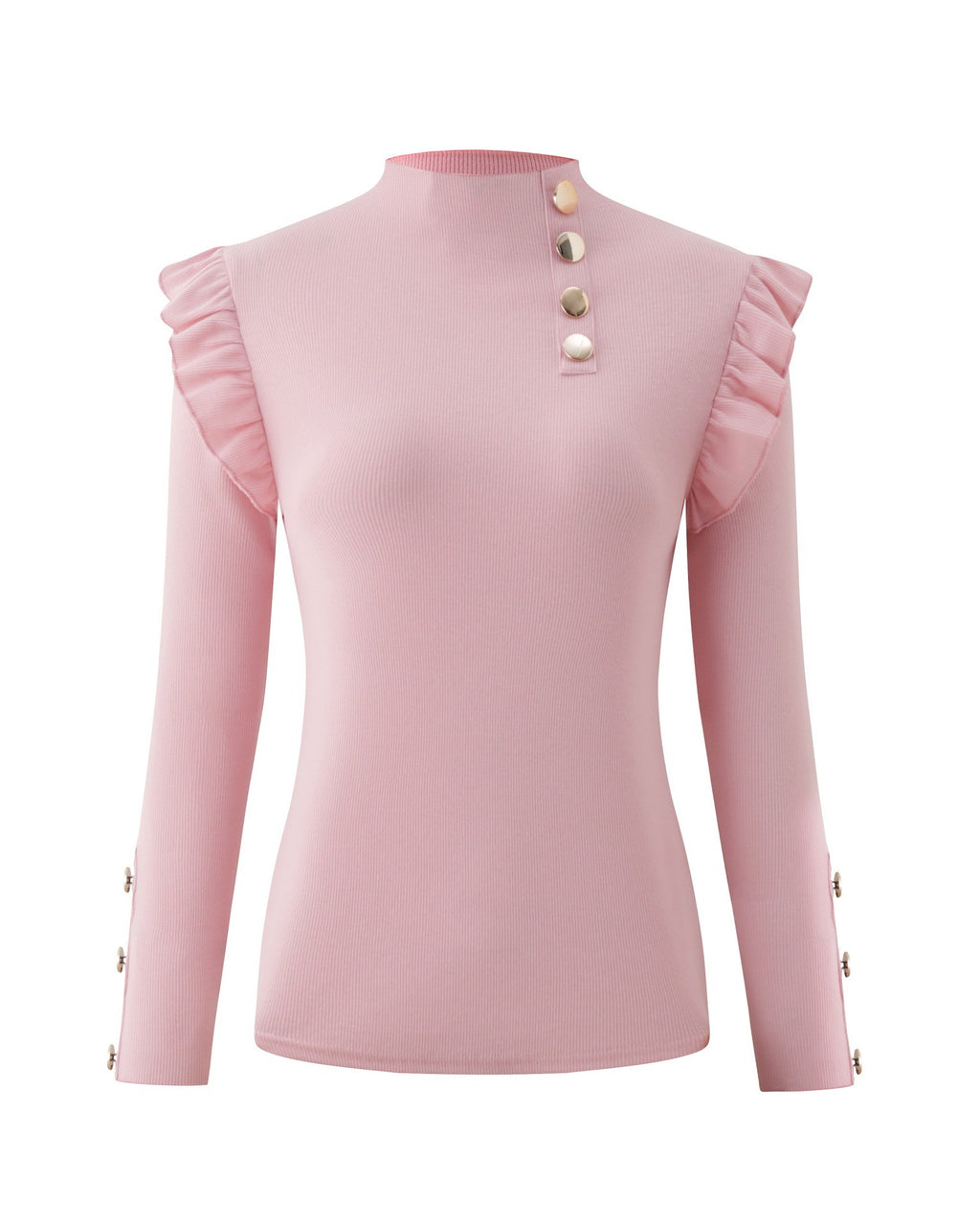 Ruffle Shoulder Mock Neck Ribbed Top Long Sleeve - Pink