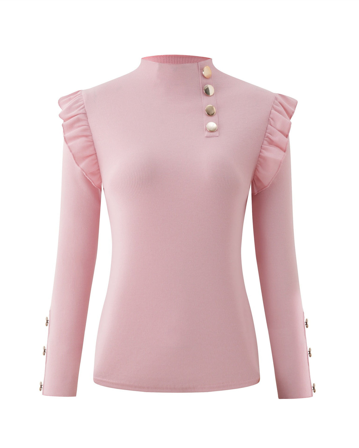 Ruffle Shoulder Mock Neck Ribbed Top Long Sleeve - Pink