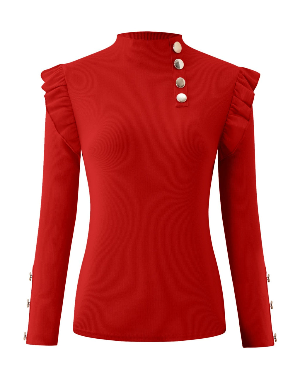 Ruffle Shoulder Mock Neck Ribbed Top Long Sleeve - Red
