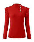 Ruffle Shoulder Mock Neck Ribbed Top Long Sleeve - Red