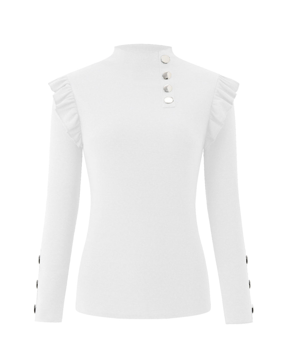 Ruffle Shoulder Mock Neck Ribbed Top Long Sleeve - White - 1