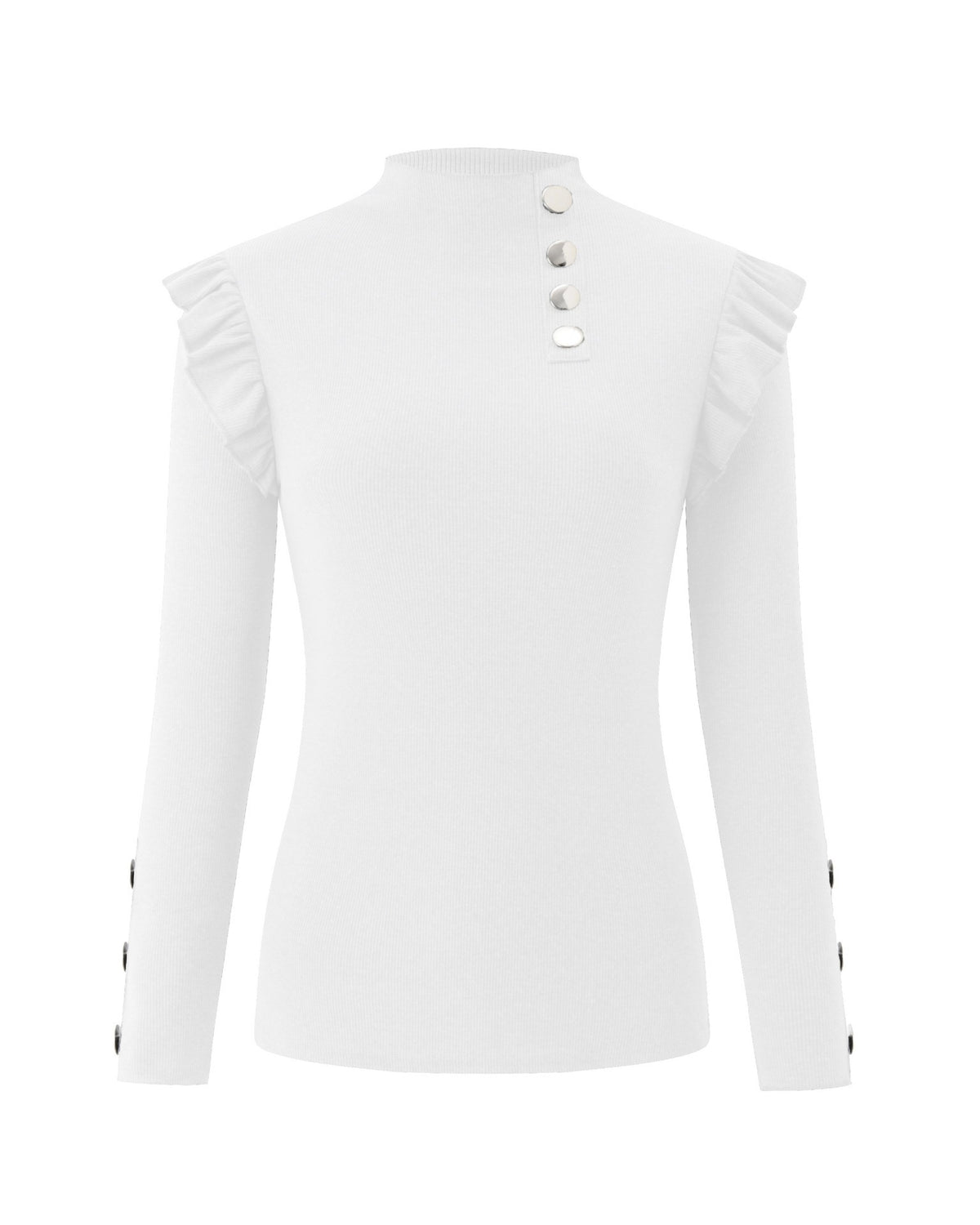 Ruffle Shoulder Mock Neck Ribbed Top Long Sleeve - White - 1