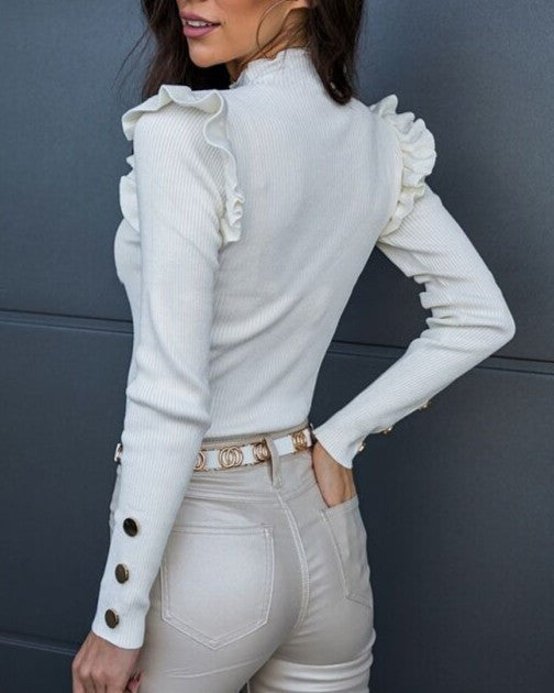 Ruffle Shoulder Mock Neck Ribbed Top Long Sleeve - White - 2