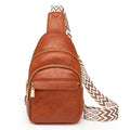 Faux Leather Sling Bag with Woven Guitar Strap - Cognac
