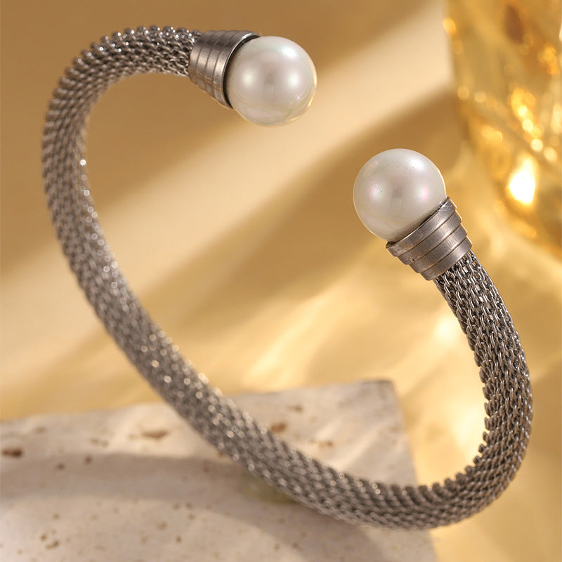 Mesh Rope Pearl End Open Cuff Bracelet - Silver