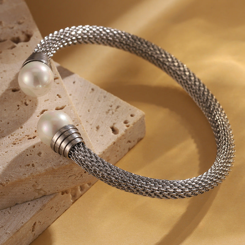 Mesh Rope Pearl End Open Cuff Bracelet - Silver - 1