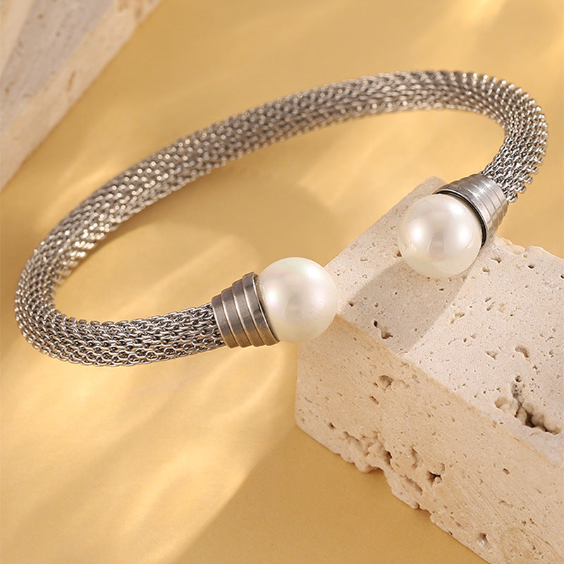 Mesh Rope Pearl End Open Cuff Bracelet - Silver - 2