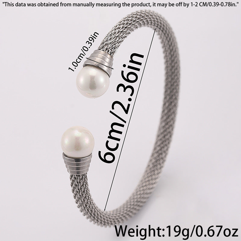 Mesh Rope Pearl End Open Cuff Bracelet - Silver - 3