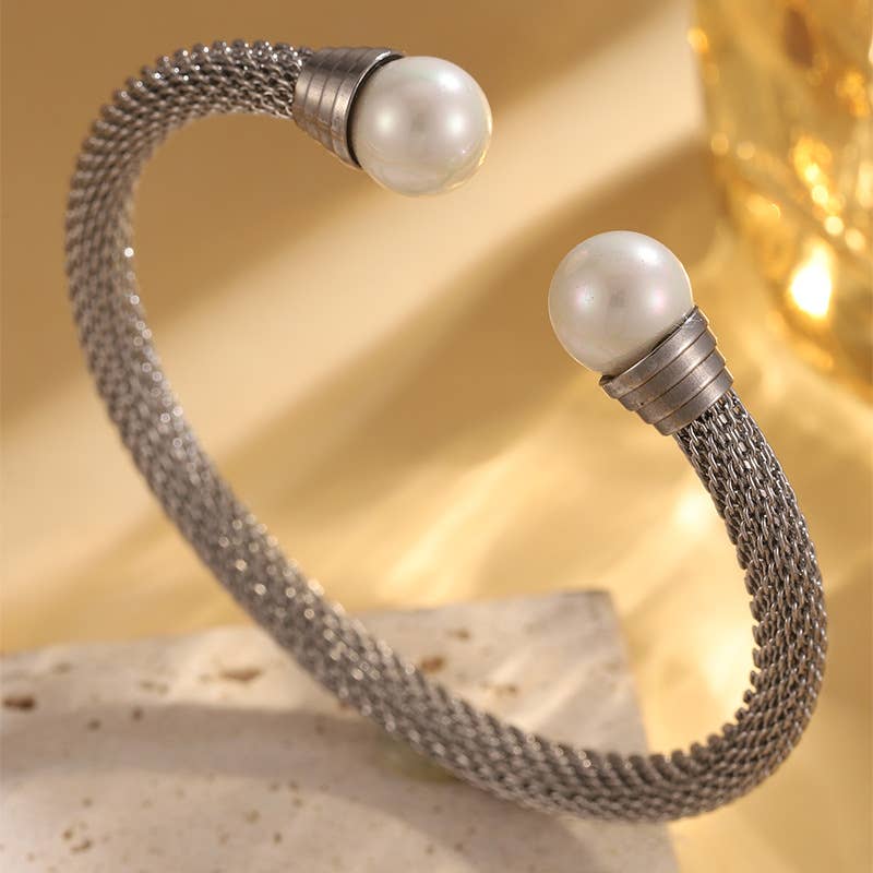 Mesh Rope Pearl End Open Cuff Bracelet