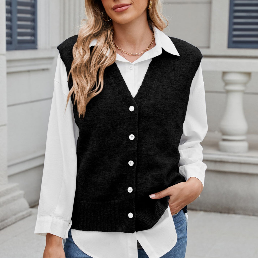 Sleeveless V-Neck Layering Knit Vest - Black