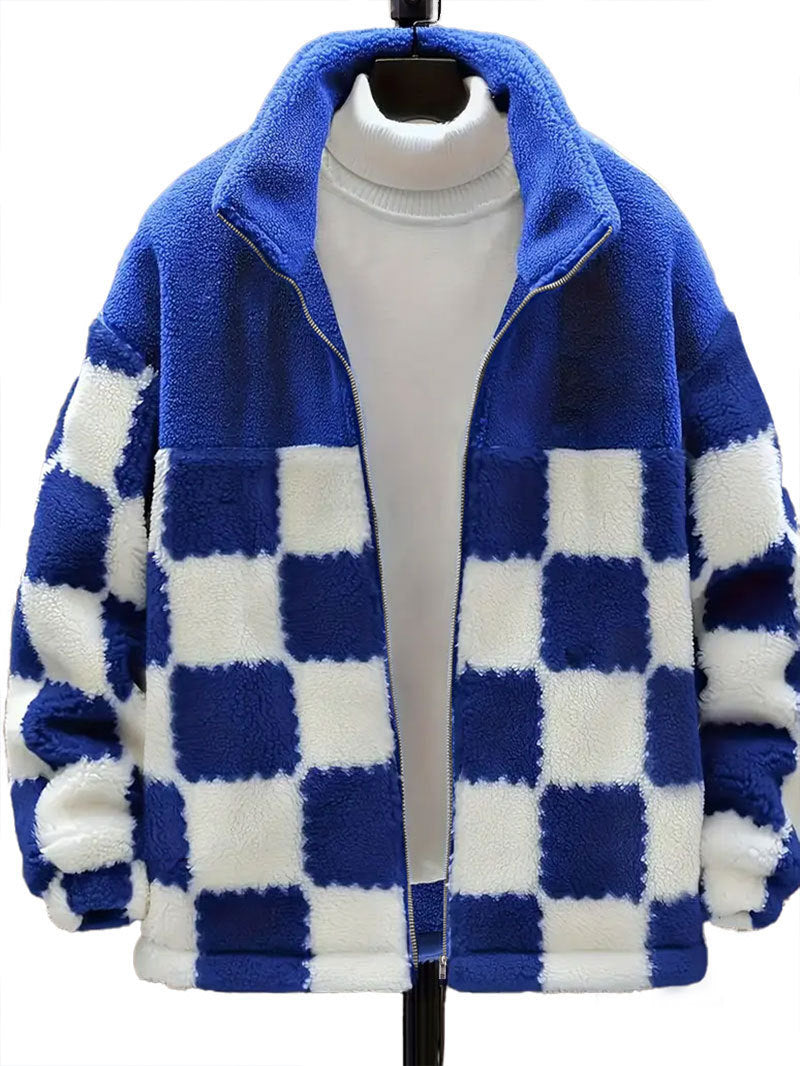 Checkerboard Sherpa Fleece Zip Up Jacket - Blue