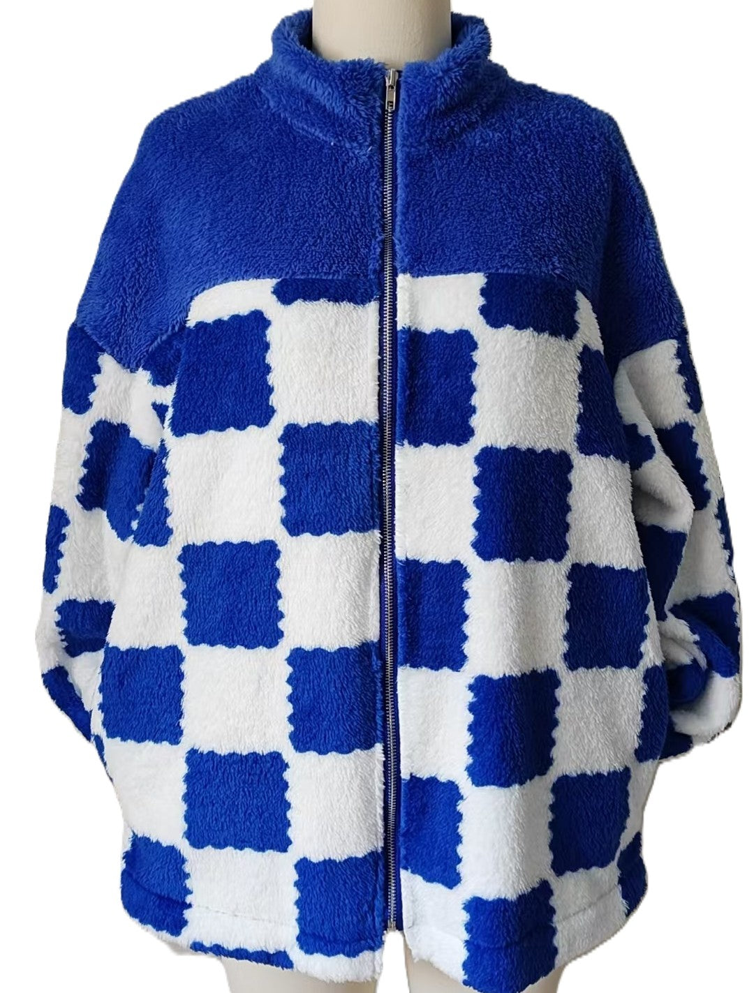 Checkerboard Sherpa Fleece Zip Up Jacket - Blue - 1