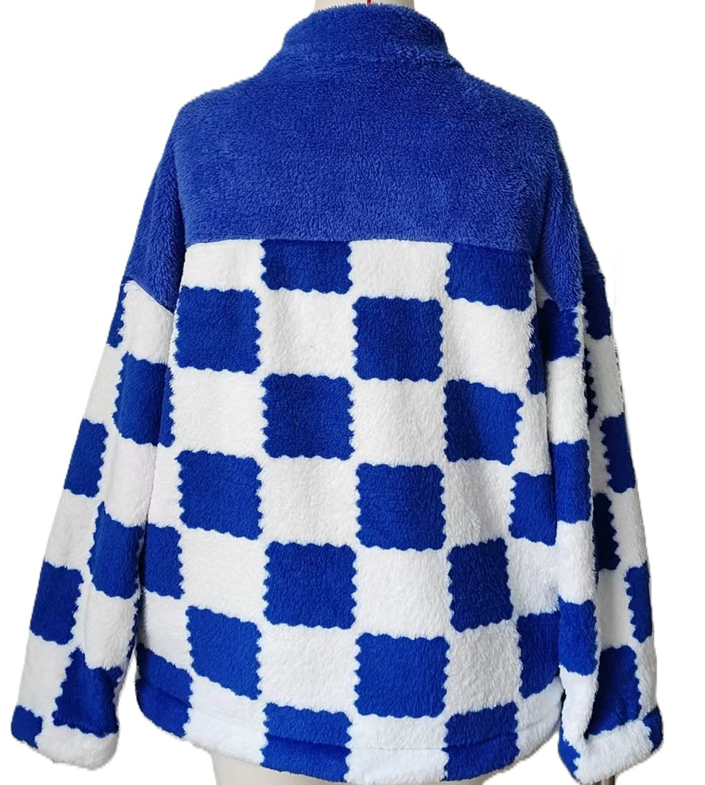 Checkerboard Sherpa Fleece Zip Up Jacket - Blue - 2