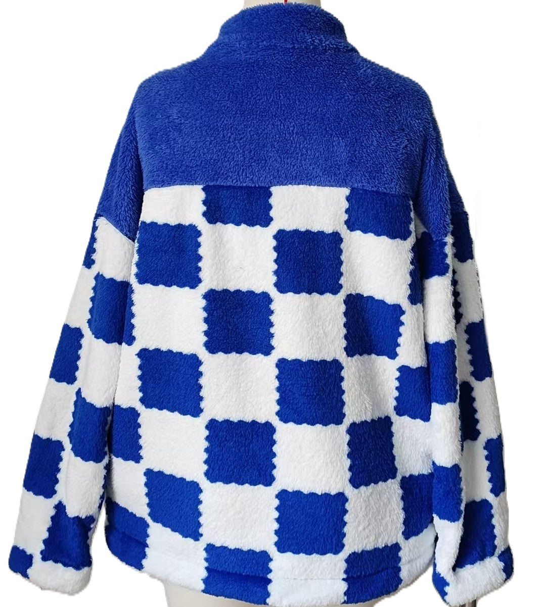 Checkerboard Sherpa Fleece Zip Up Jacket - Blue - 2