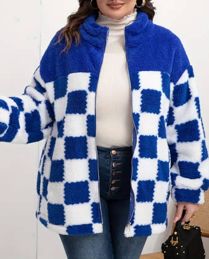 Checkerboard Sherpa Fleece Zip Up Jacket