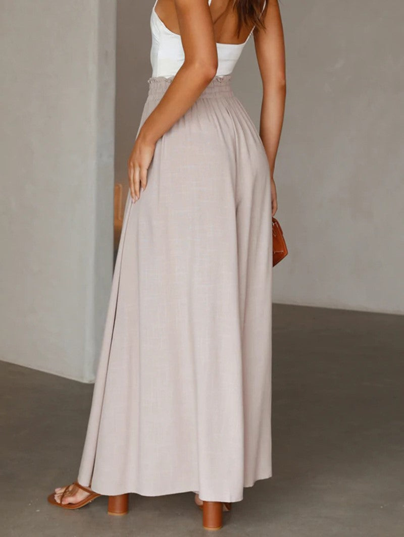 Shirred Waist Drawstring Wide Leg Palazzo Pants - Apricot - 2