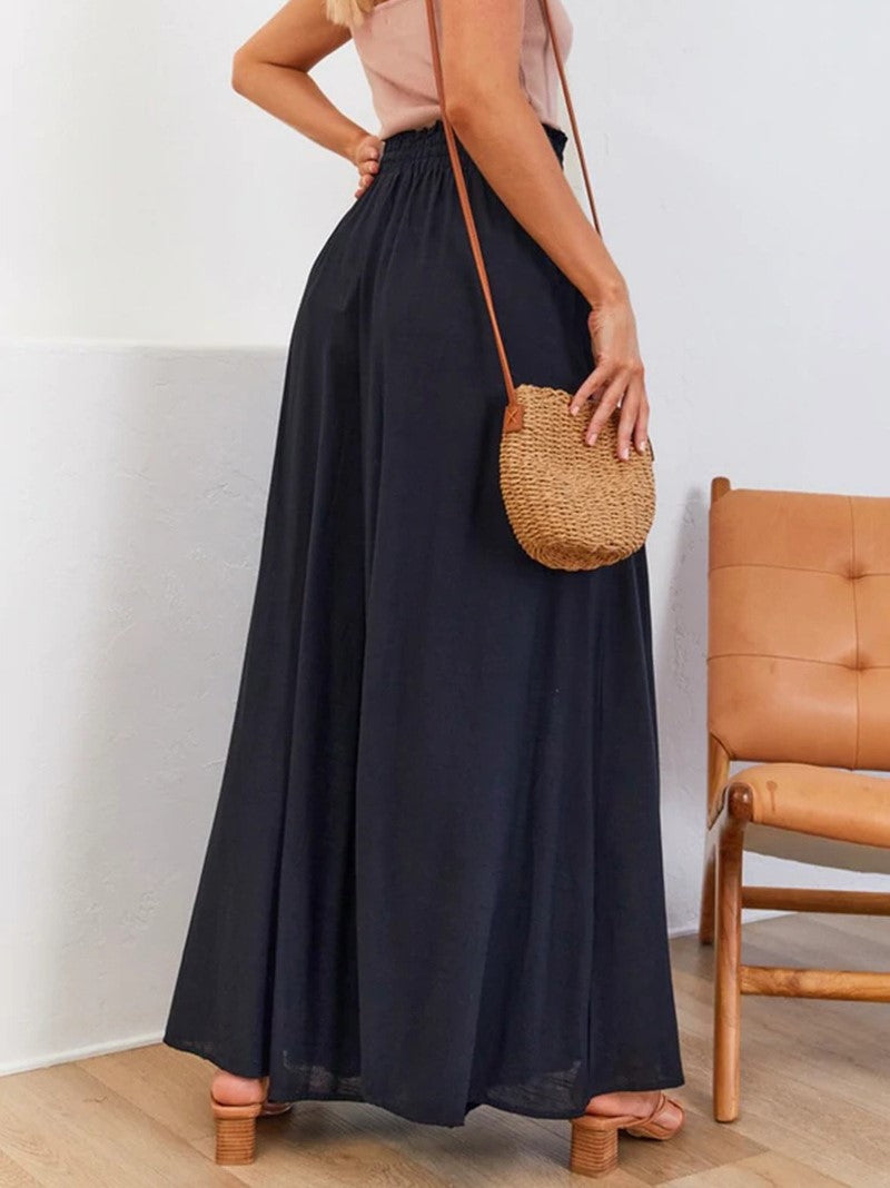 Shirred Waist Drawstring Wide Leg Palazzo Pants - Black - 1