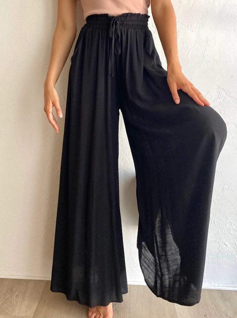Shirred Waist Drawstring Wide Leg Palazzo Pants - Black - 2
