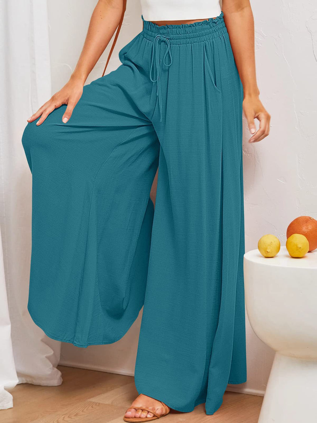 Shirred Waist Drawstring Wide Leg Palazzo Pants - Blue - 2