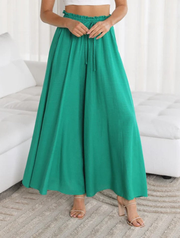 Shirred Waist Drawstring Wide Leg Palazzo Pants - Green