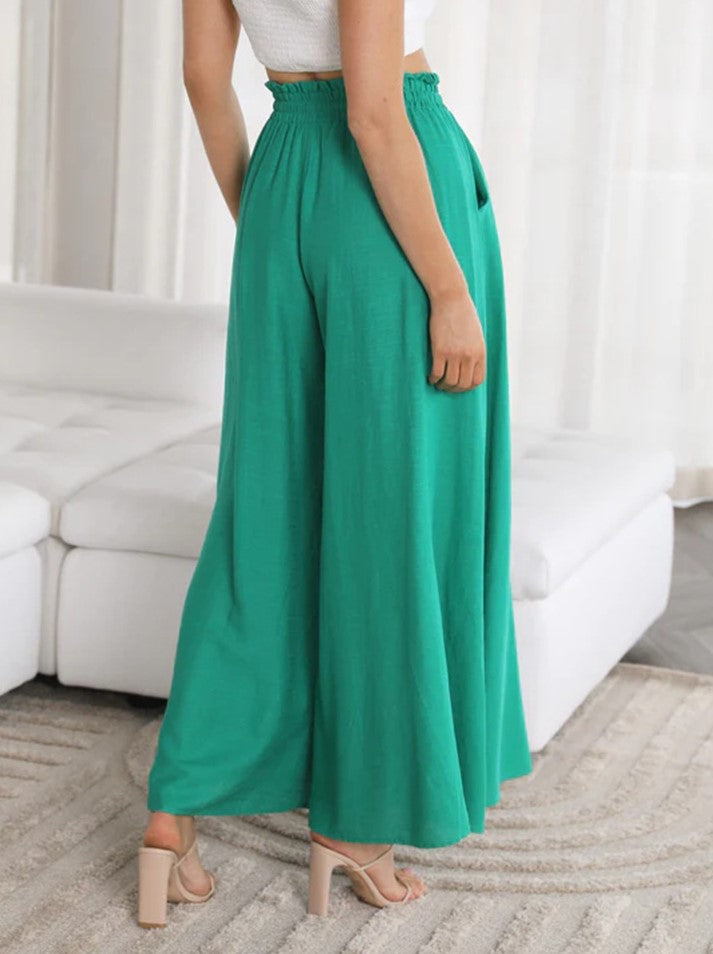 Shirred Waist Drawstring Wide Leg Palazzo Pants - Green - 1