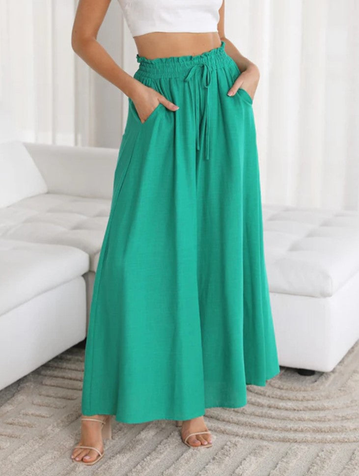 Shirred Waist Drawstring Wide Leg Palazzo Pants - Green - 2