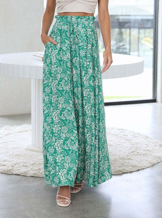 Shirred Waist Drawstring Wide Leg Palazzo Pants - Lightgreen