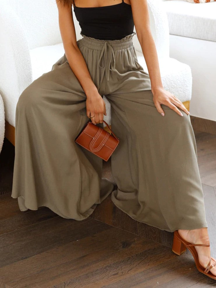 Shirred Waist Drawstring Wide Leg Palazzo Pants - Linencyan - 2