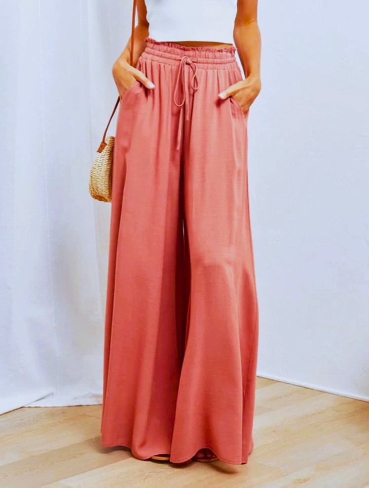 Shirred Waist Drawstring Wide Leg Palazzo Pants - Orange - 1