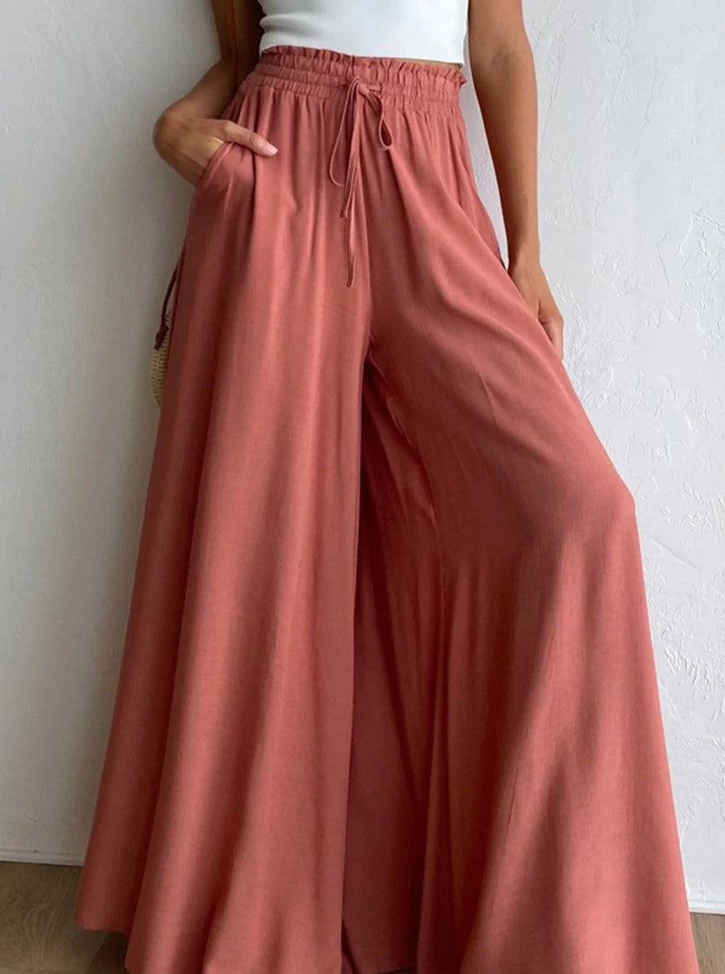 Shirred Waist Drawstring Wide Leg Palazzo Pants - Orange - 3
